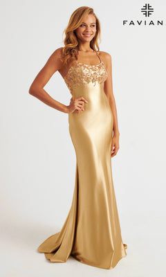 Beaded-Bodice Long Prom Dress with Strappy Open Back Gold / 12 Beaded-Bodice Long Prom Dress with Strappy Open Back Gold / 12