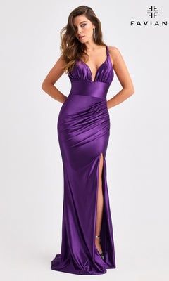 A woman wears the Faviana E11423 long prom dress—sleeveless, floor-length purple satin with a deep V-neck, leg slit, ruched detail, and lace-up open back—standing against a plain background. "FAVIAN" and a logo appear in the top right corner.