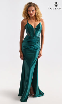 Lace-Up Long Stretch-Satin Prom Dress with Sheer Sides PromGirl Lace-Up Long Stretch-Satin Prom Dress with Sheer Sides PromGirl