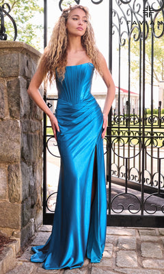 Faviana E11632 long prom dress, a strapless, floor-length blue satin gown featuring a structured corset bodice and a high side slit.