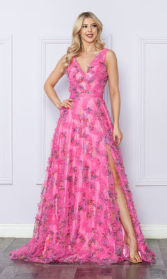 Long A-Line Prom Dress with Pastel Print Fuchsia / 10
