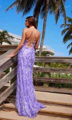 A woman in the Long Purple Sequin Prom Dress, Nox Anabel E1710.