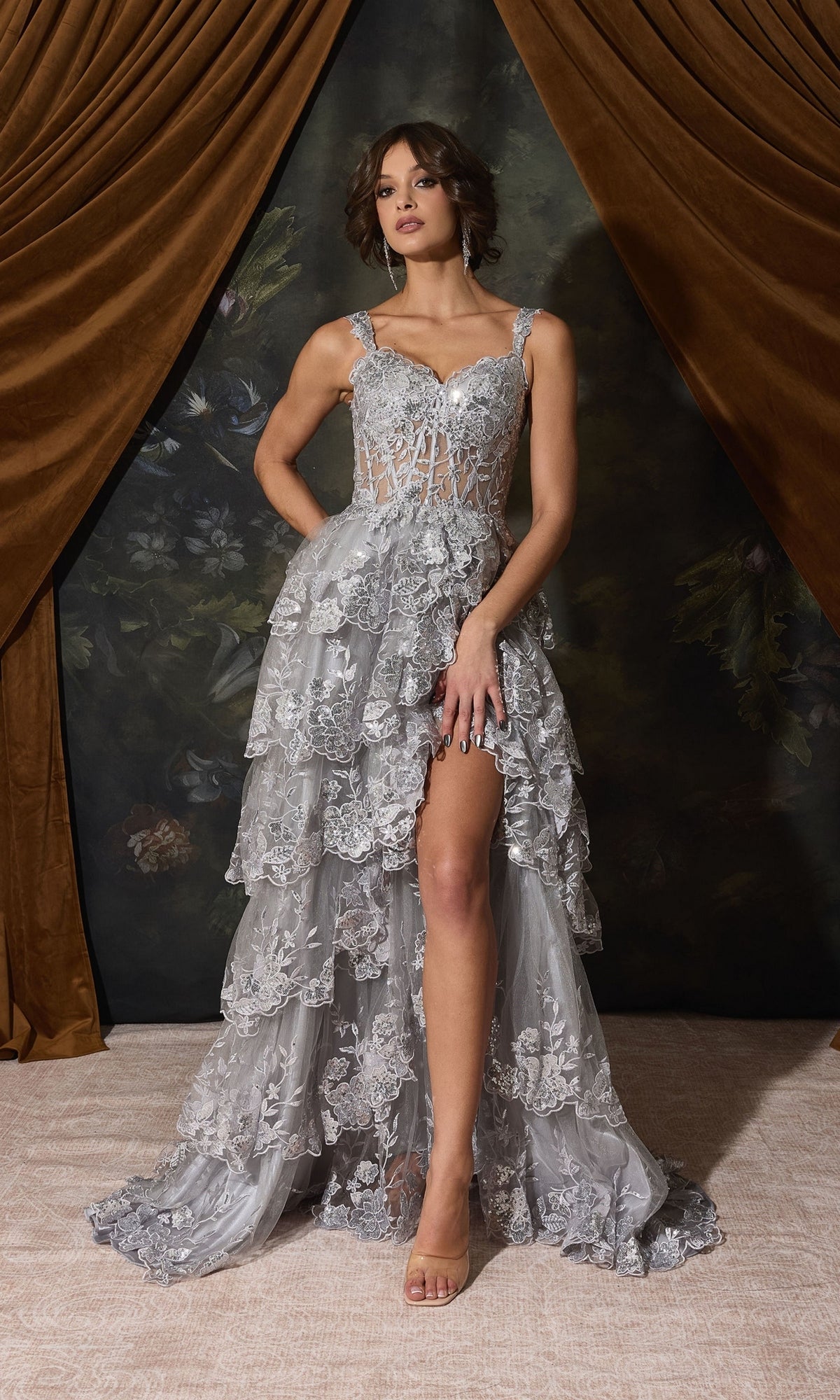 Platinum Off-Shoulder Long Ruffle Prom Dress: Eureka EK102 featuring an off-the-shoulder corset bodice, a tiered ruffle skirt, and a high leg slit.