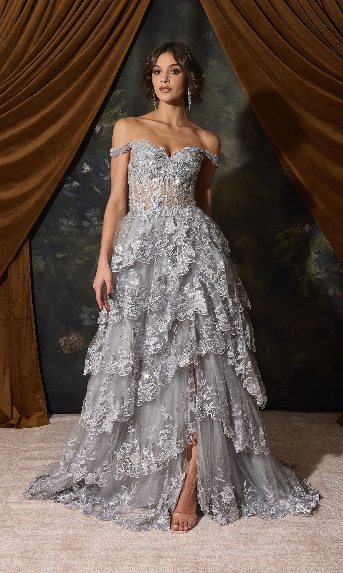 Off-Shoulder Long Ruffle Prom Dress: Eureka EK102, an off-the-shoulder floor-length gown with a sweetheart neckline, sheer bodice, and a tiered sequin ruffle skirt.