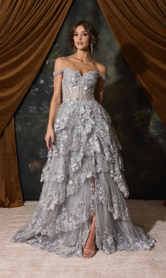 Off-Shoulder Long Ruffle Prom Dress: Eureka EK102, an off-the-shoulder floor-length gown with a sweetheart neckline, sheer bodice, and a tiered sequin ruffle skirt.
