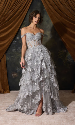 The Eureka EK102 off-shoulder long ruffle prom dress is a grey gown with a corset bodice and a tiered, ruffled skirt featuring floral embroidery.