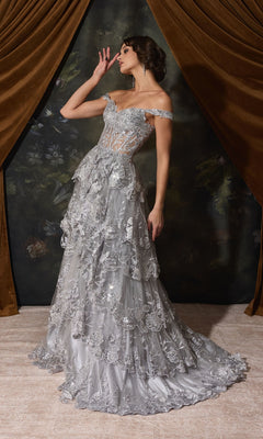 Off-Shoulder Long Ruffle Prom Dress: Eureka EK102 in grey, featuring a floor-length A-line silhouette, off-the-shoulder corset bodice, sheer panels, and tiered floral lace ruffles.