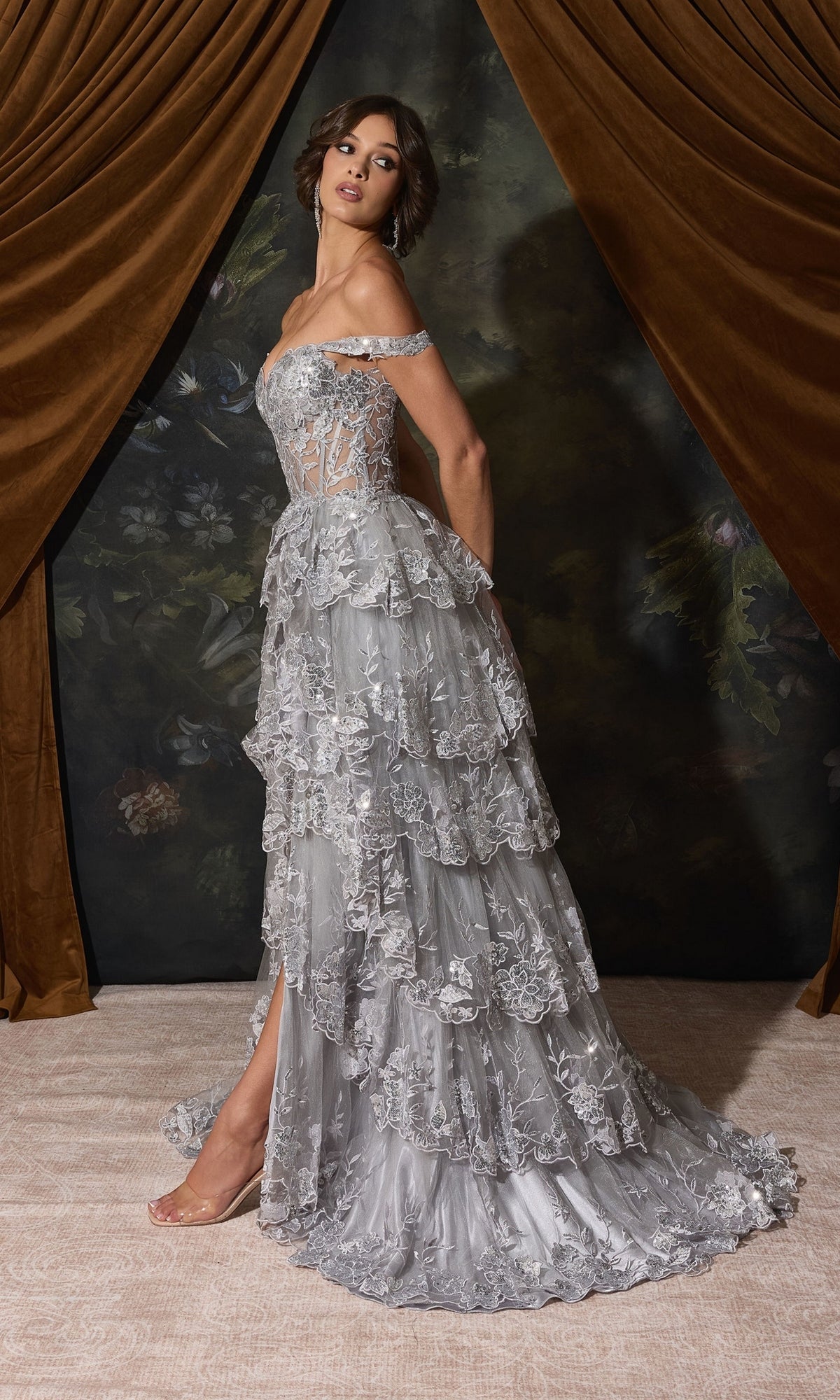 Silver lace Off-Shoulder Long Ruffle Prom Dress: Eureka EK102 featuring a floor-length tiered ruffled skirt and a side slit.