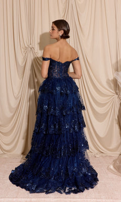 A person wearing the Eureka EK102, a navy blue, off-the-shoulder long prom dress featuring tiered ruffled lace and sequin detailing.