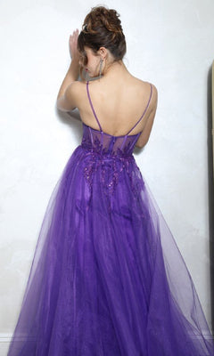 Woman wearing the Overskirt Long Sequin Prom Dress: Eureka EK112 stands with her back to the camera, facing a white wall.