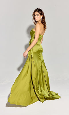 A woman models the Strapless Long Satin Prom Dress: Eureka EK118, standing against a plain light gray background and looking over her shoulder.