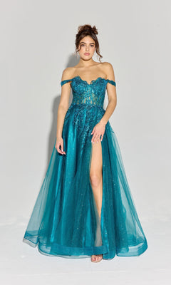 A woman wears the Eureka EK128 Off-Shoulder Long Prom Ball Gown with a corset bodice, lace details, flowing lace tulle skirt, and a high slit, standing against a plain light background.
