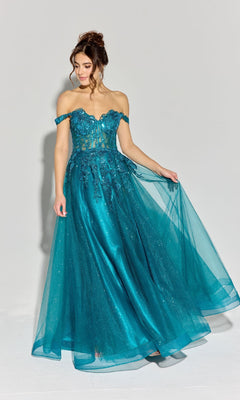 A woman wearing the Eureka EK128 Off-Shoulder Long Prom Ball Gown, featuring a teal sheer embroidered corset-style bodice and lace tulle skirt, stands against a plain light background.
