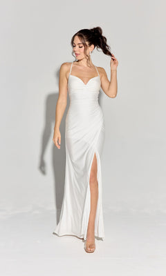 A woman showcases the Classic Long Satin Prom Dress: Eureka EK136, a white, figure-hugging gown with a sweetheart neckline and thigh-high slit, posing elegantly against a plain light gray background.