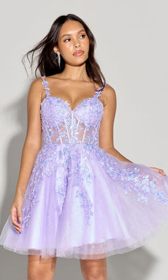 A woman wearing the Eureka EK152 Short Fit-and-Flare Lace Hoco Dress with spaghetti straps and light purple embroidered lace stands against a plain gray background.