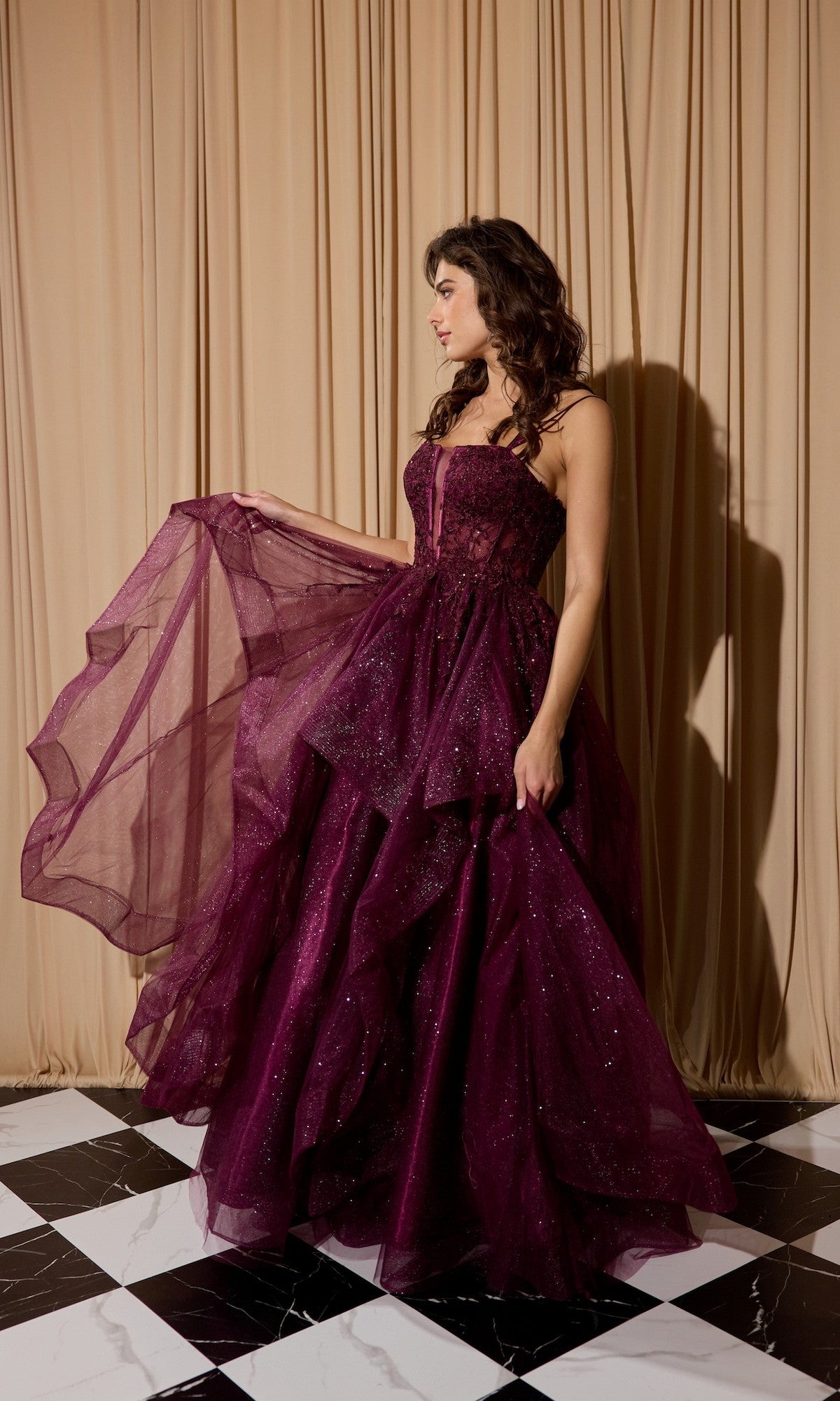 purple black and white prom dress A-line Black and Purple Tulle V-neckline Beaded Prom Dress, Black Tull formalgowns