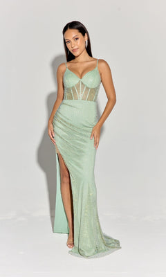 A woman poses against a plain light background wearing the Eureka EK161 Lace-Up Long Sheer-Corset Prom Dress, a light green sleeveless floor-length gown featuring a thigh-high slit and mesh corset bodice.