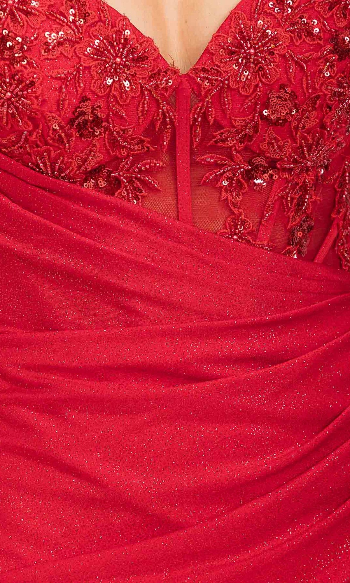 Close-up of the Eureka EK166 long prom dress, showcasing floral lace embroidery with sequins on the sheer bodice and textured, ruched fabric below.