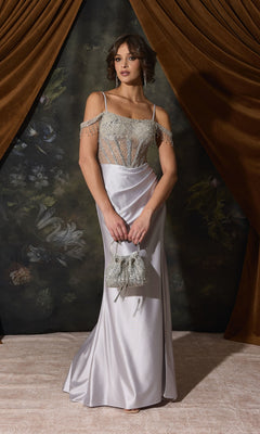 A person wears a Beaded-Corset Long Satin Prom Dress: Eureka EK179, featuring a beaded, corset-style bodice, thin straps, draped off-the-shoulder accents, and a matching heavily beaded handbag.