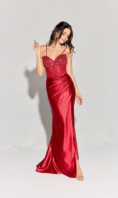 A woman poses in the Eureka EK183 Strapless Tight Satin Prom Dress, a fitted, floor-length formal gown with a structured bodice, against a plain light background.