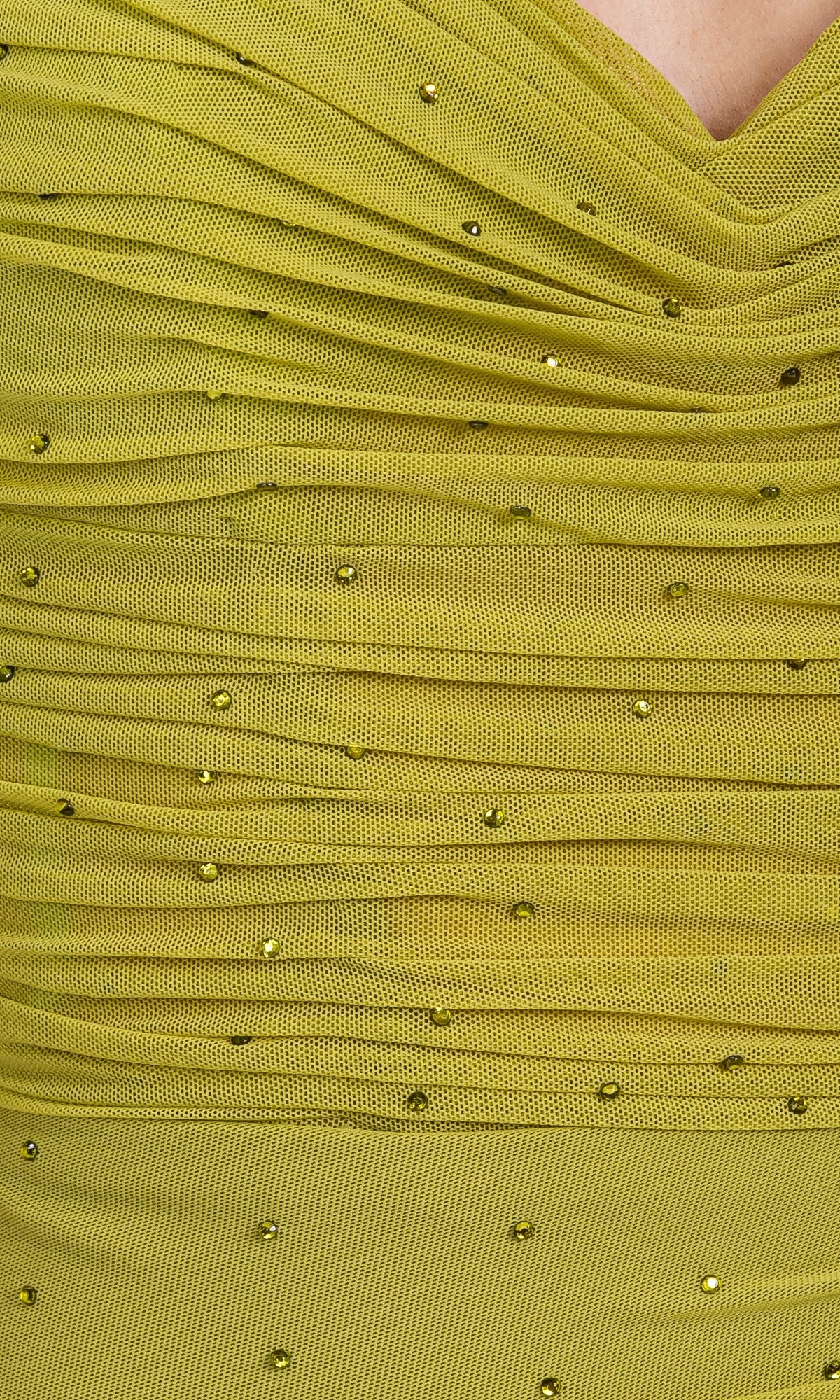 Close-up of neon yellow ruched fabric with scattered beads on the Lace-Up Long Neon Formal Dress: Eureka EK187B, perfect for prom or evening wear.