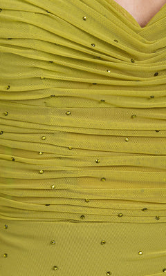 Close-up of neon yellow ruched fabric with scattered beads on the Lace-Up Long Neon Formal Dress: Eureka EK187B, perfect for prom or evening wear.