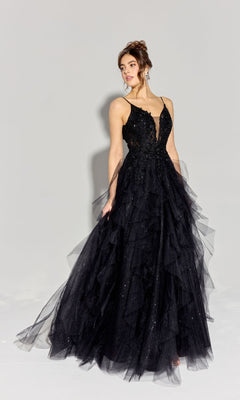 A woman poses against a plain light background wearing the Eureka EK188 Ruffled Long Glitter Prom Ball Gown, featuring a sleeveless design, v-neckline, and full tulle skirt.