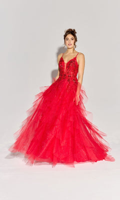 Woman poses in a studio wearing the Eureka EK188 Ruffled Long Glitter Prom Ball Gown, featuring a sparkling floor-length design with ruffled details, set against a plain light background.