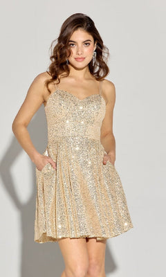 A woman faces forward against a neutral background, wearing the Short Sequin A-Line Hoco Dress: Eureka EK198—a sleeveless gold dress with thin straps, pockets, and shimmering sequins.