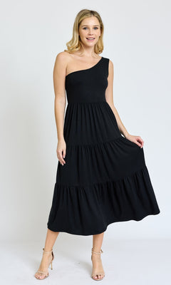 A woman wears the One-Shoulder Casual Everyday Midi Dress with nude heeled sandals, standing against a plain white background.