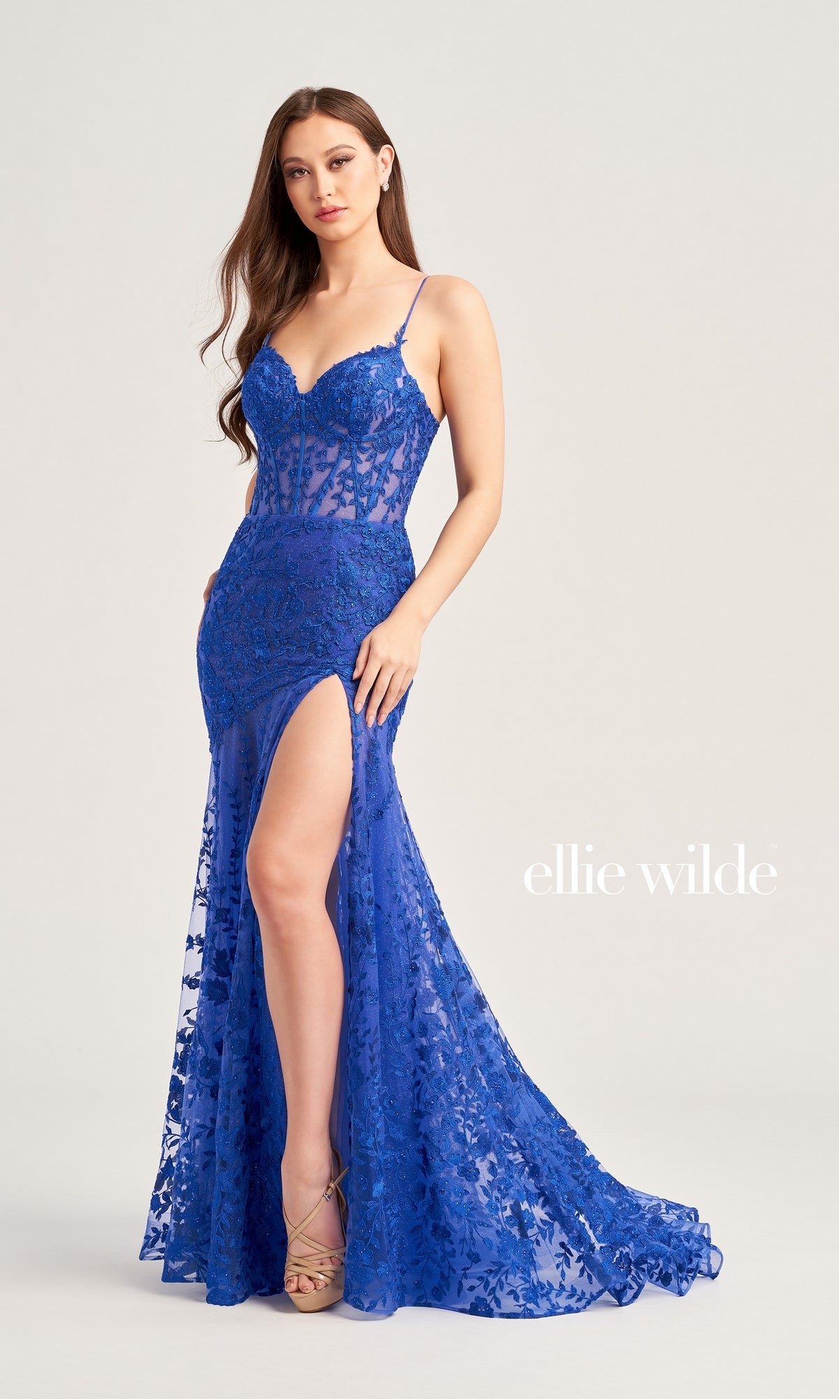 Sheer-Bodice Long Lace Mermaid Prom Dress - PromGirl Sheer-Bodice Long Lace Mermaid Prom Dress - PromGirl