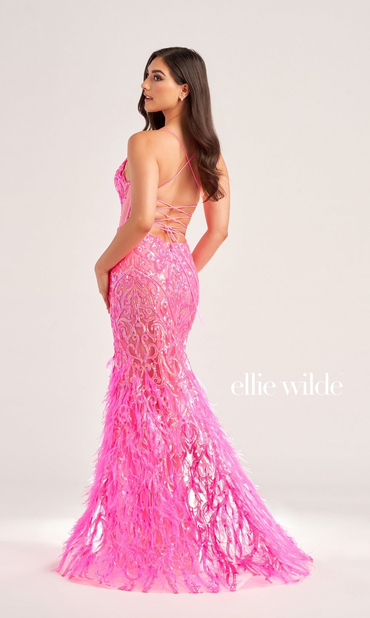 Ellie Wilde Long Feathered Prom Dress  EW35006