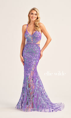 A woman wears the Ellie Wilde Cut-Out Long Sequin Prom Dress EW35007, a fitted, floor-length purple and blue dress with thin straps, posing against a plain background. "ellie wilde" is displayed beside her to highlight this sparkling formal gown.