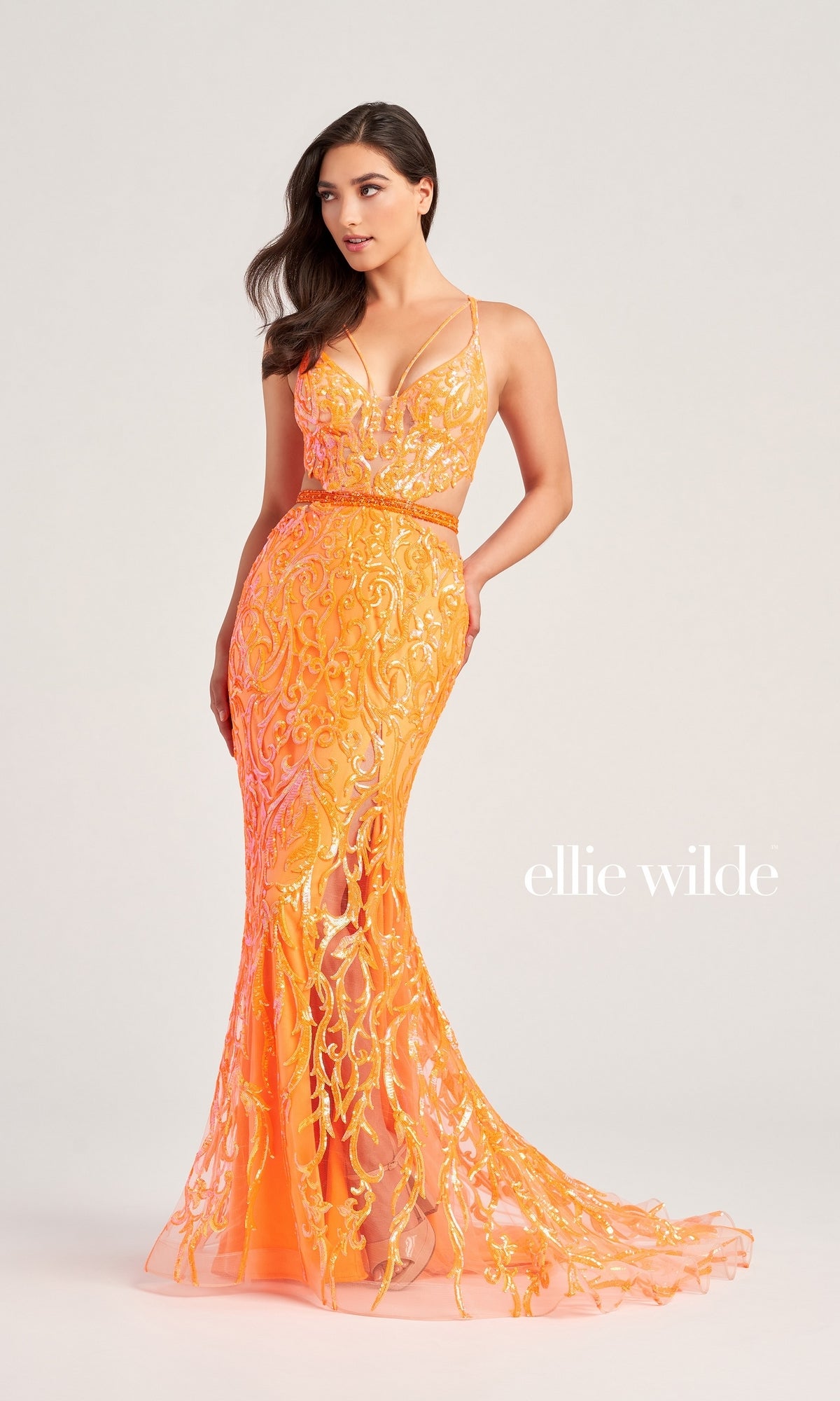 Ellie Wilde Cut-Out Long Sequin Prom Dress EW35007