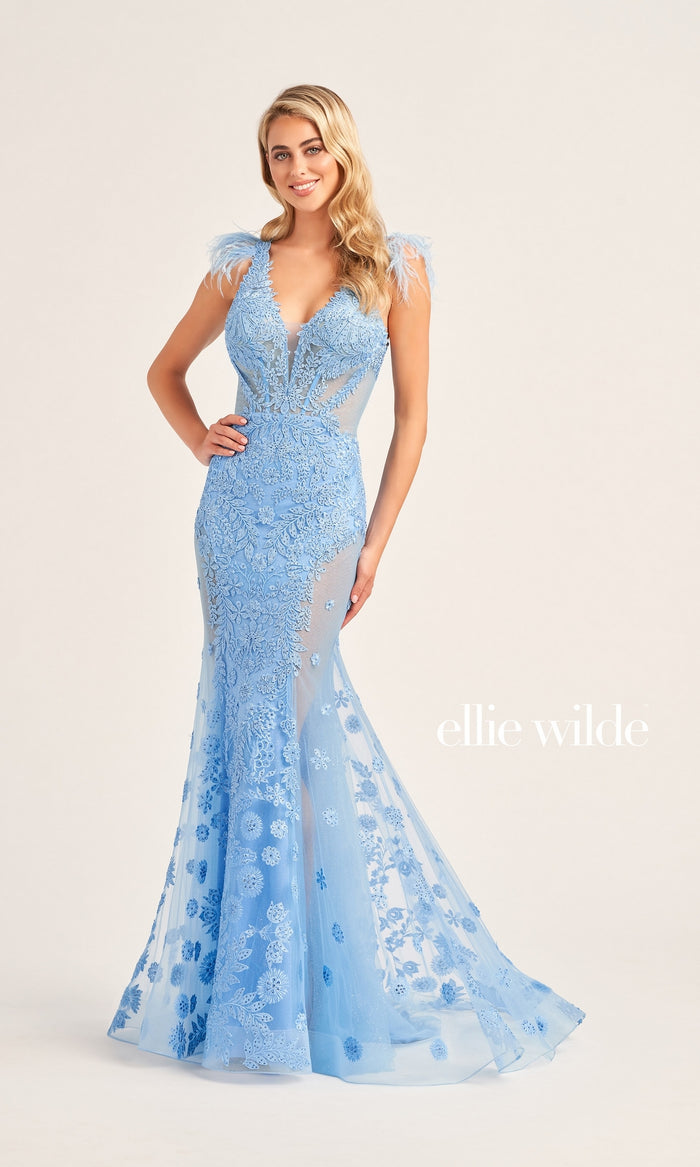 Ellie Wilde Feather-Sleeve Long Prom Dress EW35009