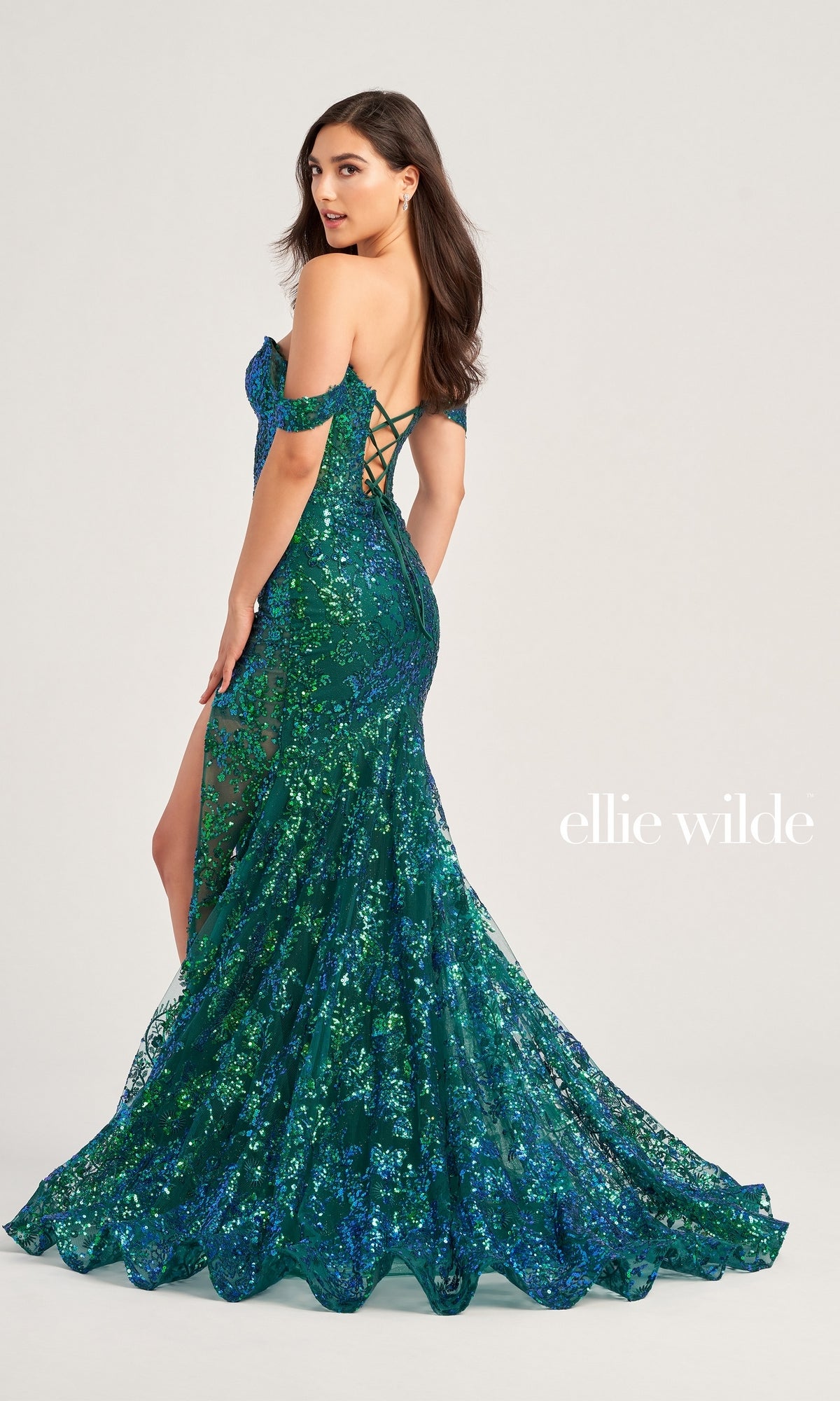 Sequin-Tulle Ellie Wilde Long Prom Dress EW35014