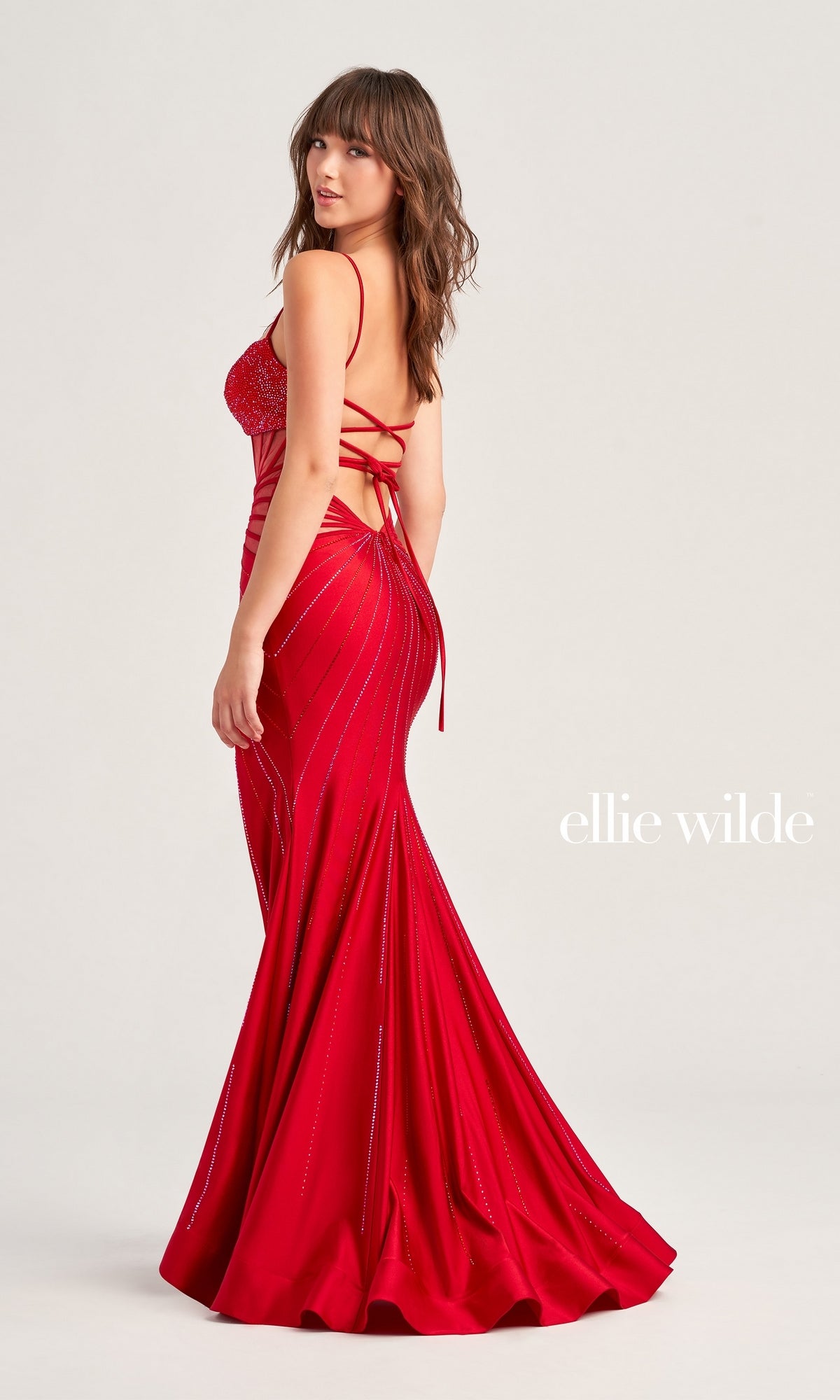 Sheer-Waist Ellie Wilde Long Prom Dress EW35026