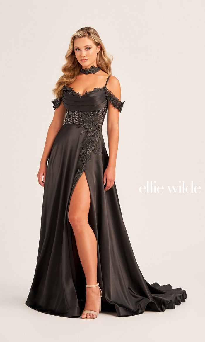 Ellie Wilde Long Satin A-Line Prom Dress EW35029