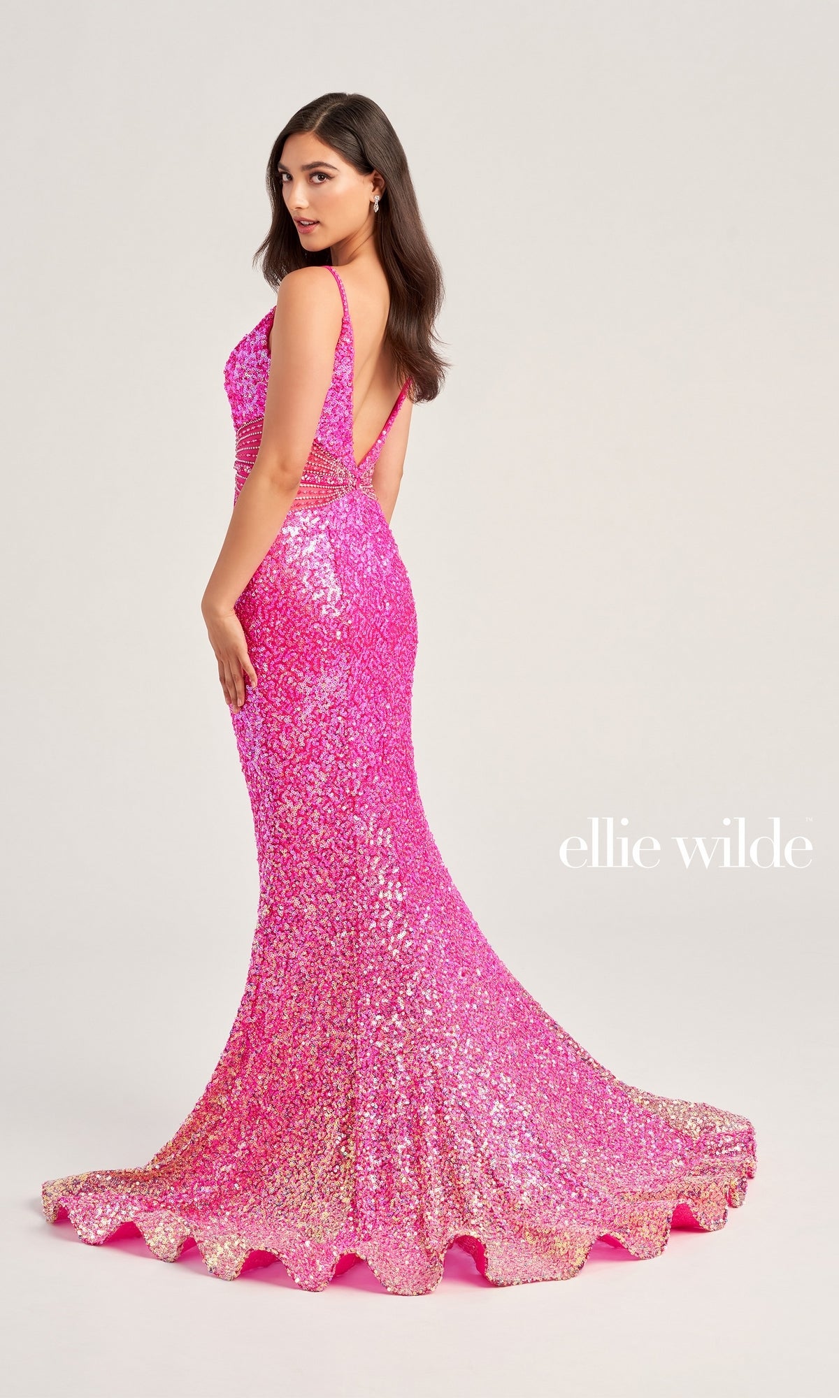 Sheer-Waist Ellie Wilde Beaded Prom Dress EW35044