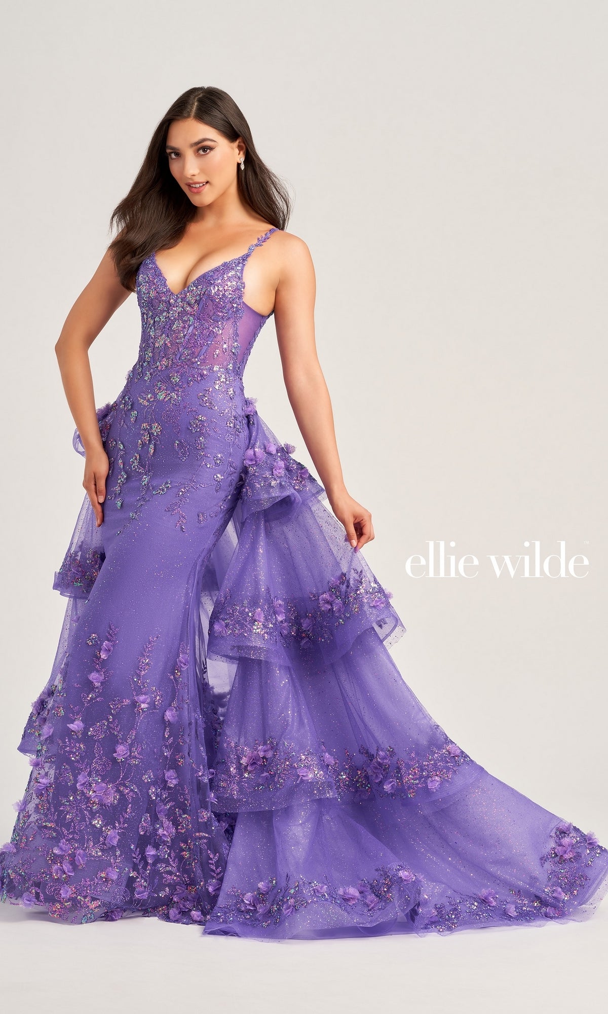 Tiered-Train Ellie Wilde Long Prom Dress EW35045