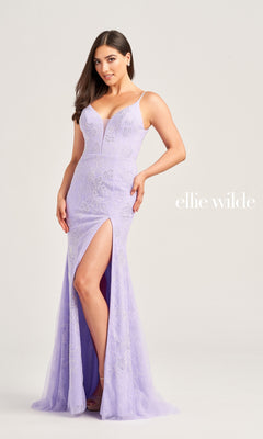 A woman models the Tight Ellie Wilde Lace Prom Dress EW35062—a lavender lace gown with a deep V neckline, thin straps, and a high leg slit—against a plain background. The text "ellie wilde" appears beside her.