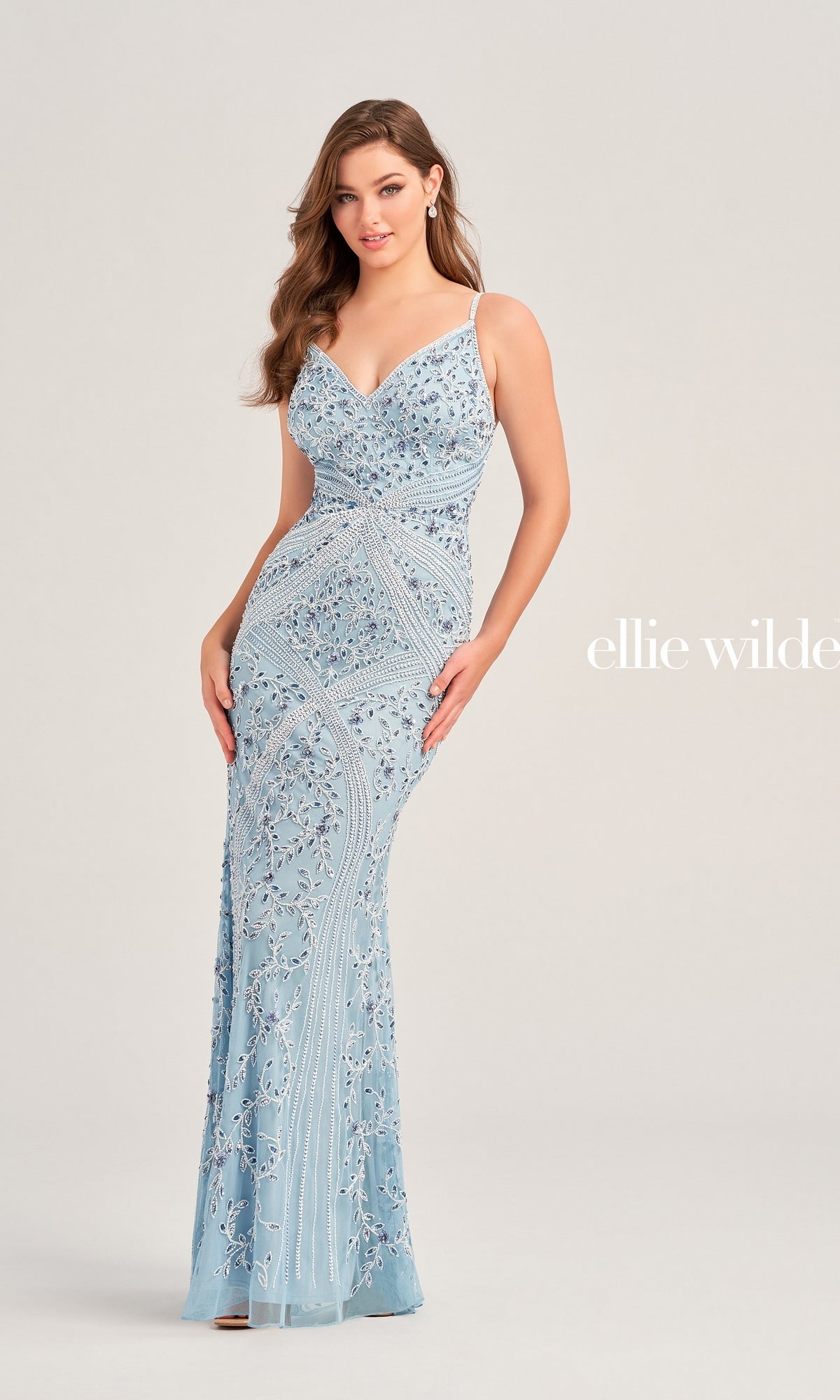 Long Beaded Ellie Wilde V-Neck Prom Dress EW35065