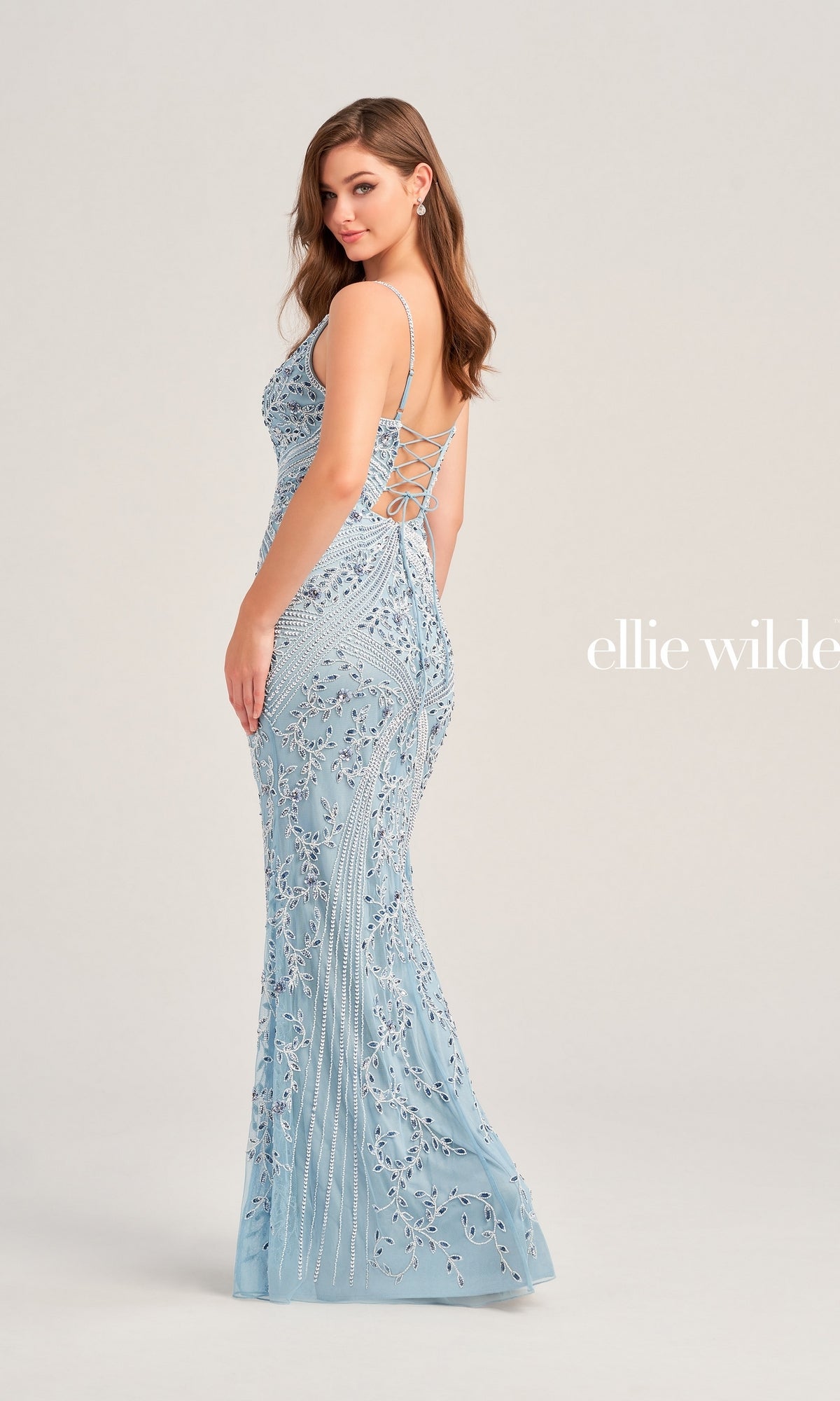 Long Beaded Ellie Wilde V-Neck Prom Dress EW35065