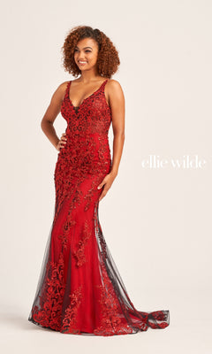 A woman models the Ellie Wilde Long Glitter-Lace Prom Dress EW35071—a fitted, sleeveless red gown with black lace details—against a plain backdrop. The text "ellie wilde" is displayed beside her.