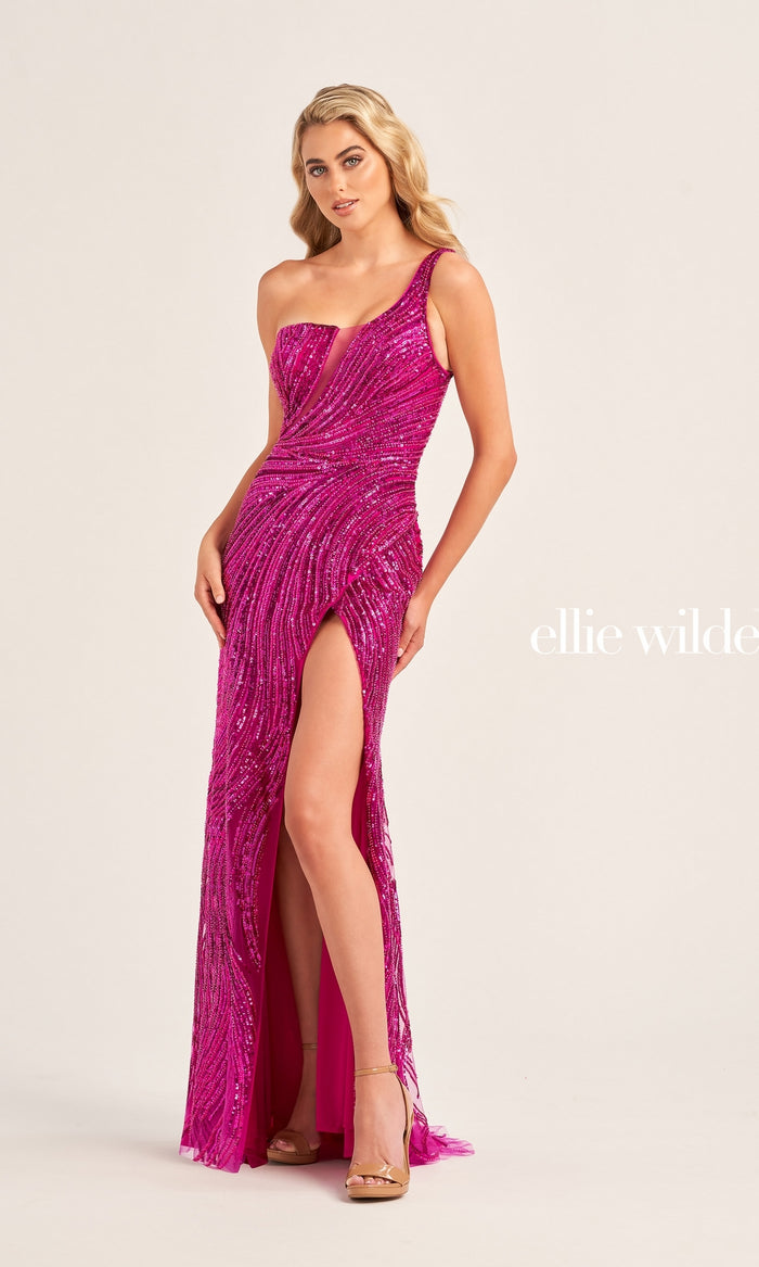 Cut-Out Ellie Wilde Long Beaded Prom Dress EW35096