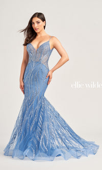 Sheer-Bodice Long Ellie Wilde Prom Dress EW35098