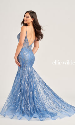 Long Beaded Sheer-Bodice Prom Dress