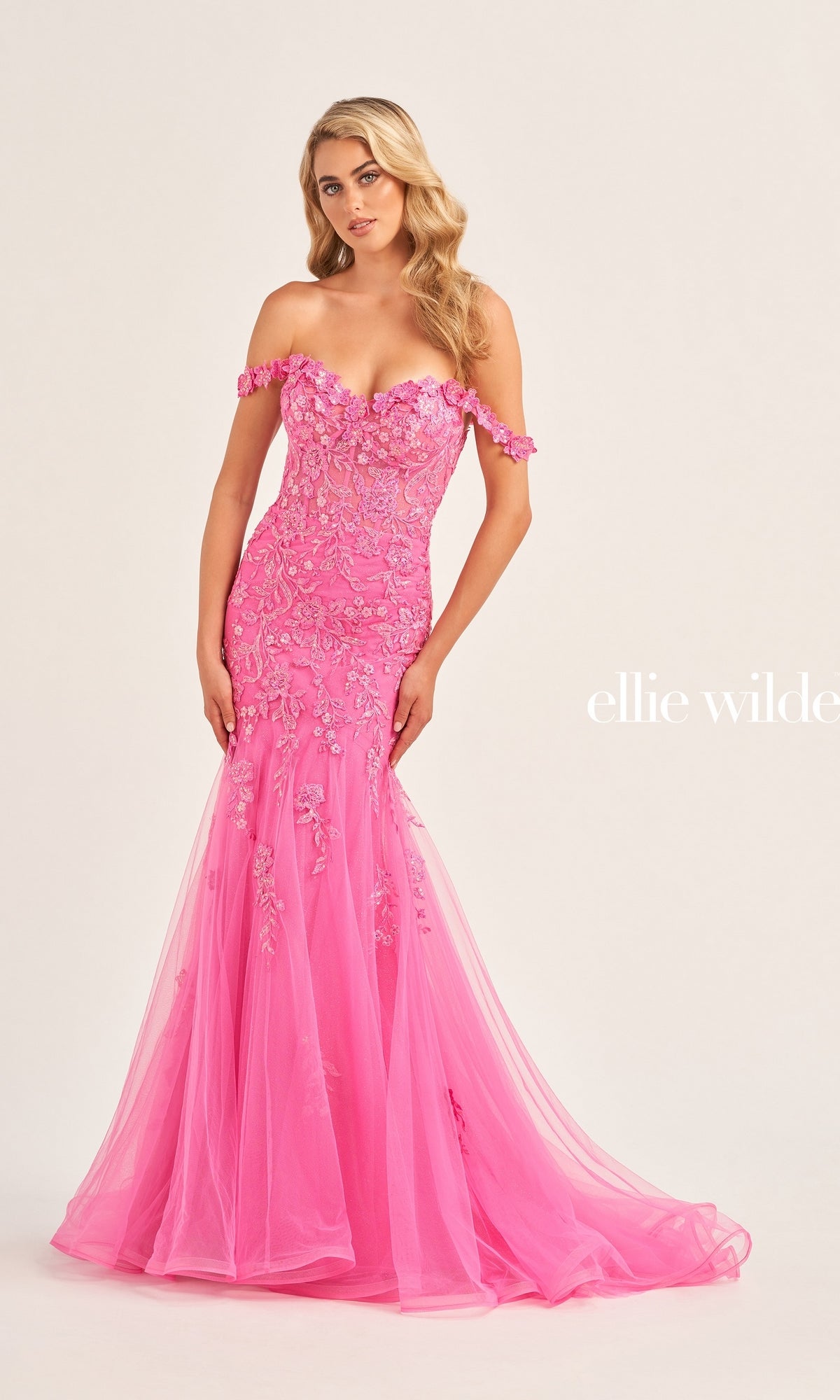 Ellie Wilde Off-Shoulder Floral Prom Dress EW35102