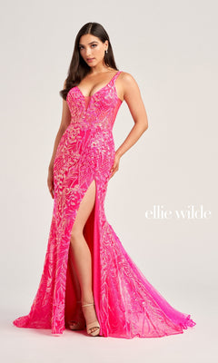 A woman stands against a light background wearing the Sequin Ellie Wilde Sleek Long Prom Dress EW35201, a vibrant pink, sleeveless, floor-length gown with a high slit and intricate sequin patterns. "ellie wilde" appears on the dress.
