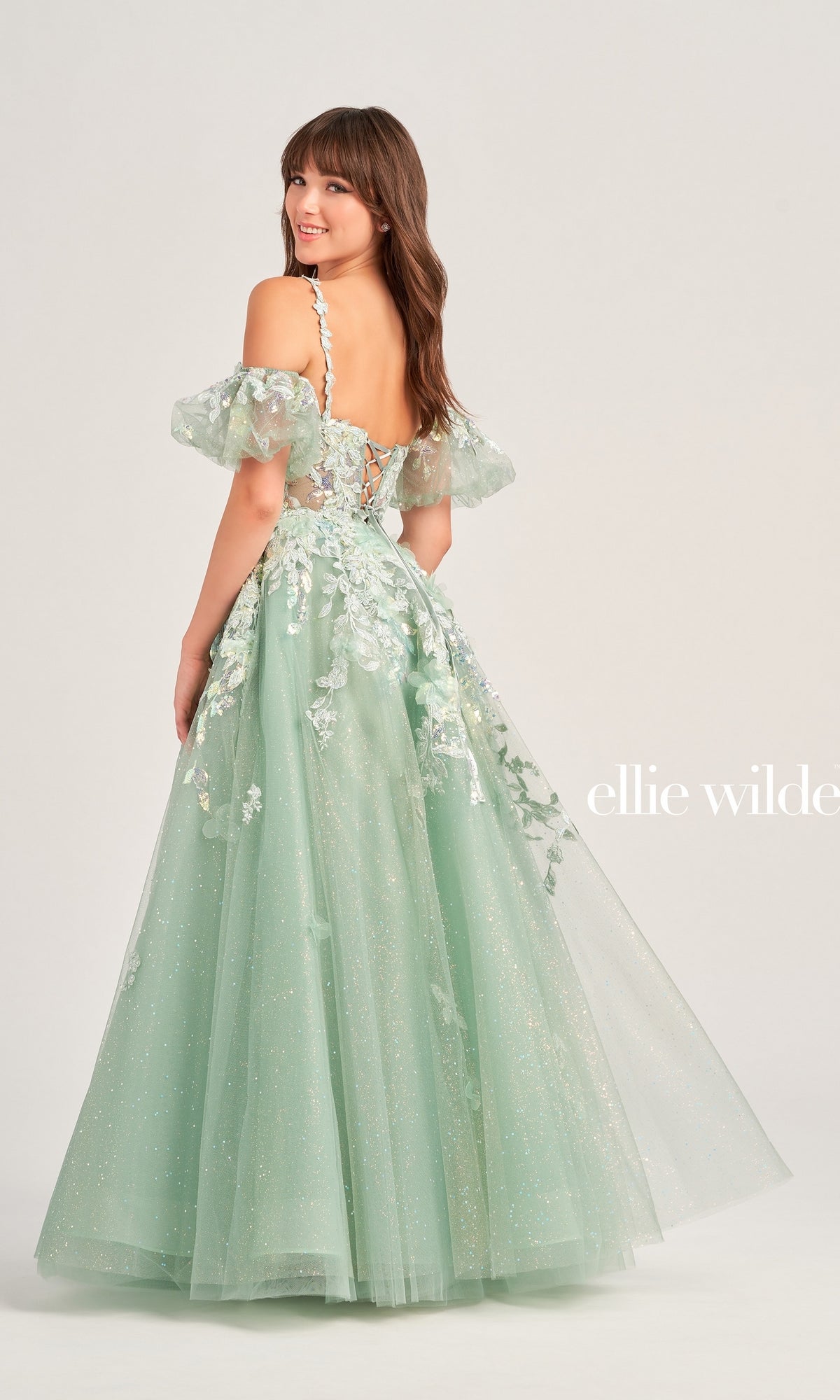 Puff-Sleeve Ellie Wilde Prom Ball Gown EW35205